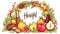 Rosh Hashanah Jewish holiday banner design with honey jar, apple and pomegranate funny cartoon characters holding shofar , Jewish