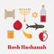 Rosh Hashanah Jewish New Year greeting card. Hebrew symbols. Judaism elements,