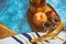 Rosh hashanah Jewish New Year holiday symbols shofar, honey, apple and pomegranate on a flat lay