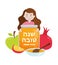 Rosh Hashanah, Little girl holding honey jar with greeting happy jewish new year in hebrew and with apples and