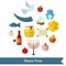 Rosh Hashanah, Shana Tova or Jewish New year flat vector icons set, with honey, apple, fish, bee, bottle, torah and other