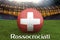 Rossocrociati on Switzerland language on football team ball on big stadium background. 3d rendering. Switzerland Team competition