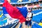 ROSTOV-ON-DON, RUSSIA - 20 June, 2018 Match day at FIFA World Cup Russia 2018 Host City Rostov-on-Don. Russian Fans waving flag at