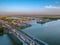 Rostov-on-Don, Russia - July 2018: Voroshilovsky bridge and Priboy shipyard - aerial view
