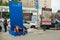 Rostov-on-Don, Russia - May 18, 2018: Homeless man sleep on street pointer to stadium Rostov arena in pedestrian area