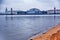 Rostral columns and Arrow of Vasivesky island in Saint-Petersburg, Russia.