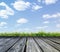 Rostrum made of wooden planks on blue sky