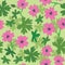 Rosy flowers and green leaves on green background - vector seamless pattern