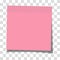 Rosy paper sticky note glued to the surface isolated on transparent background. Vector illustration