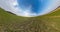 Rotate and revolves among fields with beautiful evening fluffy clouds. Little planet Transformation with curvature of space. loop