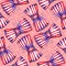 Rotated bows of striped ribbon on the pink background. Watercolor seamless pattern.