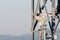 Rotating anemometer measuring wind speed mounted on steel tower