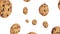 Rotating chocolate chip cookies droping over white background