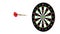 Rotating dart arrow hitting bullseye of the target slow motion side view