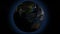 Rotating Earth with night lights, seamless looped 3d animation, blue outer glow