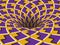 Rotating hole of moving purple yellow arrows ornament. Vector optical illusion background