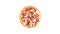 Rotating pizza meat mix with smoked sausage, chicken, minced meat, and pepperoni isolated on a white background.