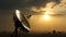 Rotating radio telescope at sunset