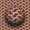 Rotating sphere of zigzag shapes pattern. Vector purple golden optical illusion background