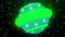 rotation of a green alien saucer in space with stars in the background. Bright children\'s cartoon loop animation.