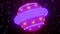 rotation of a pink and purple cartoon alien saucer in space with stars in the background. Bright children\'s cartoon