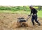 Rotavating the allotment stock photo