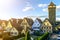 Rothenburg ob der Tauber, Germany. Top view of picturesque town on bright blue sky copy space background. Nice cottages with steep