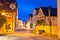 Rothenburg ob der Tauber. Hisoric tower gate and cobbled street of medieval German town of Rothenburg ob der Tauber evening view