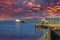 Rothesay ferry leaving Wemyss Bay at Sunset with Blazing Red Sky`s over the Clyde Scotland