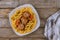 Rotini pasta with meatballs and marinara. Top view