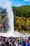 ROTORUA, NEW ZEALAND - OCTOBER 10, 2018: Crowds sitting to watch daily eruption of Lady Knox Geyser in Wai-o-Tapu. Vertical