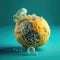 Rotten lemon covered in colorful mold against the teal background.