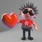 Rotten punk rocker holding a red heart because he is a romantic softy really, 3d illustration