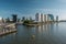 Rotterdam city cityscape skyline Nieuwe Maas Rhine river in front, South Holland, Netherlands.