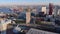 Rotterdam, Netherlands - March 2020: Aerial Flyby view of Rotterdam, City Center with Unusual Modern Buildings bird eye