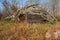 Rotting old barn with rusty mower in foreground