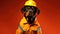 Rottweiler Dog Dressed As A Builder On Orange Color Background