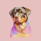 Rottweiler dog portrait, pink and yellow pastel colors, copy space. Generative AI