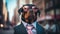 A rottweiler dog wearing sunglasses and dressed in a suit on a city street