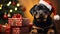 Rottweiler small dog wearing Santa Claus hat. Rottweiler. Horizontal Christmas holidays banner poster. AI generated