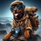 A Rottweiler stands in front of a mountain range with a traveling kit. AI generated