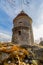 Rotunda in the town of Skalica from an unconventional angle in the light of the setting sun. a town in Slovakia with pieces of m