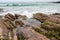 Rough coarse stone coastline and powerful ocean wave. West coast of Ireland. Irish nature landscape. Connemara area