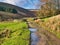 A rough farm track with puddles of water leading to an open gate and on to another field and with moorland and hills beyond.