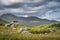 Rough landscape with massive boulders, meadow and forest, illuminated by sunlight in MacGillycuddys Reeks mountains