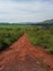 Rough and narrow red dirt road leading through green and mountainous landscape of rural Angola, Africa