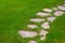 Rough ornamental stone path paved in green backyard.