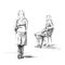 A rough pencil sketch of two young women in clothes. Standing girl with hands behind her back and a sitting girl on a chair.