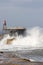 Rough sea at entrance to Whitby Harbour Yorkshire