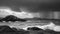 Rough seas crash against rocky coastline in dramatic monochrome beauty generated by AI